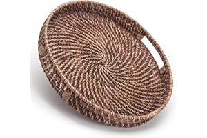 Round Rattan Woven Serving Tray with Handles Ottoman Tray for Breakfast, Drinks, Snack for Coffee Table, Home Decorative (11"