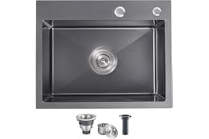 MENATT 20-inch Top-Mount Handmade Kitchen Sink, SUS304 Stainless Steel Drop in Kitchen Single Bowl Sink with Basket Strainer (Black), 20"x16"x9"