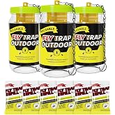 3 Reusable Fly Traps Outdoor Bottles, Fly Killer Catcher Jar with 6 Bait | Flies Bug Insect Trap Control Outdoor Hanging for Outside Barns, Stable, Farm, Patio, with Natural Bait Refills Lure