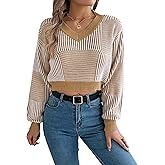 ZAFUL Women's Cropped Sweater Striped V-Neck Long Sleeve Sweater Pullover Jumper Knit Top