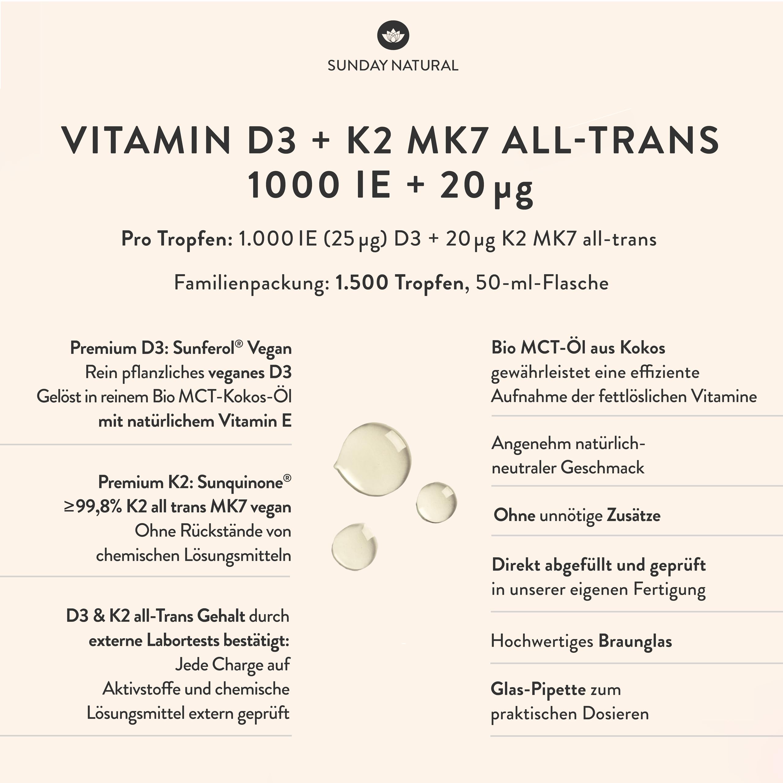 SUNDAY NATURAL® Vitamin D3 K2 Tropfen – Premium Vitamin D 3 1.000 IE (25µg) + K2-MK7 ≥99,8% all-trans 20µg – Kölner Liste® - Hohe Bioverfügbarkeit, ohne unnötige Zusätze, laborgeprüft 2