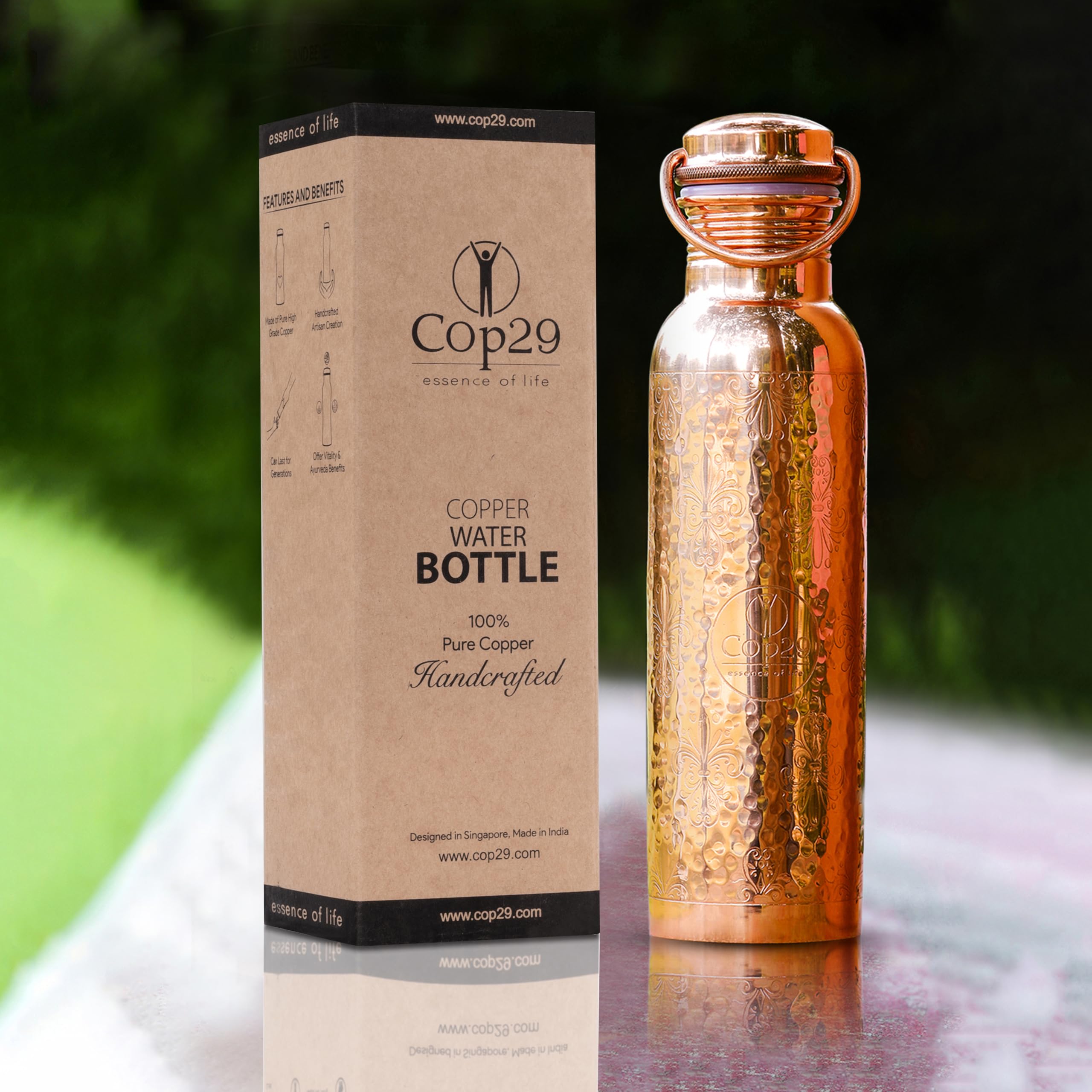 Cop29 Dual Hammered + Hand Engraved Premium Design Pure Copper Mira Glossy Water Bottle with Handle, 900ml/30Oz