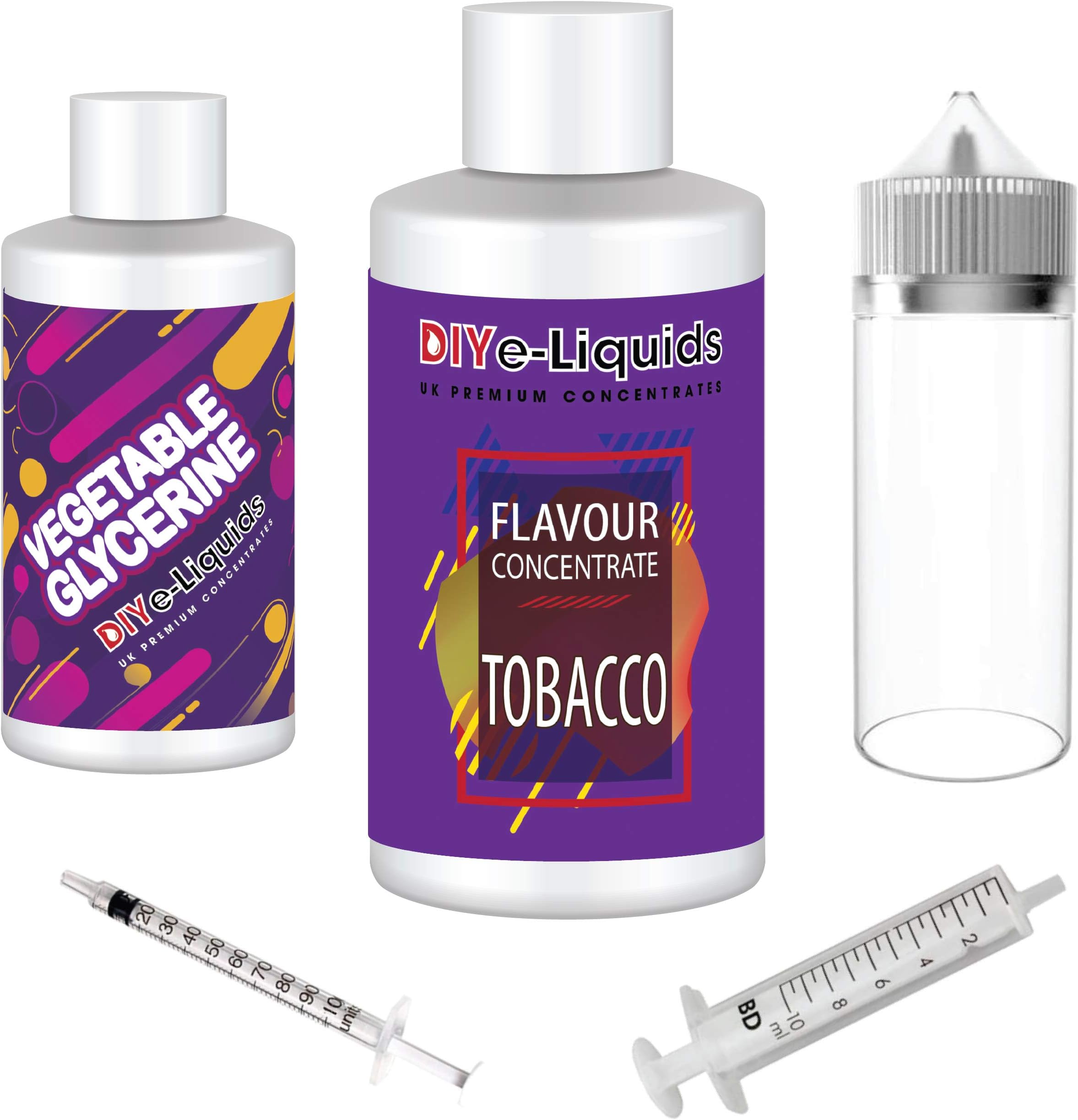 100ml Tobacco E Liquid Flavour Concentrate - Strong Strength - Includes 100ml Vegetable Glycerine, 120ml Bottle and Accessories