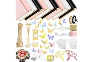 UMACWIN 319 Pcs Flower Bouquet Wrapping Paper, Waterproof Korean Floral Wrapping Paper for Flower Money Bouquet with Butterflies Crowns Ribbons Floral Pins Sticks Clear Tape Greeting Cards and Card Holders