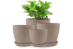 KPUVX Plant Pots- 8.5/7.5/6.5/6 Inches 4 Pack Plastic Planters,Indoor Decor Flower Pots with Drainage Holes and Tray,Home Decor Flower pots for Indoor Plants Cactus, Succulents(Brown)