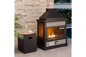 INTER HUT 35'' Outdoor Propane Fireplace with Tank Storage & Mesh Door, CSA Certified 50,000 BTU Patio Firepit with Dust Cover for Garden, Backyard and Balcony, Black/Gray