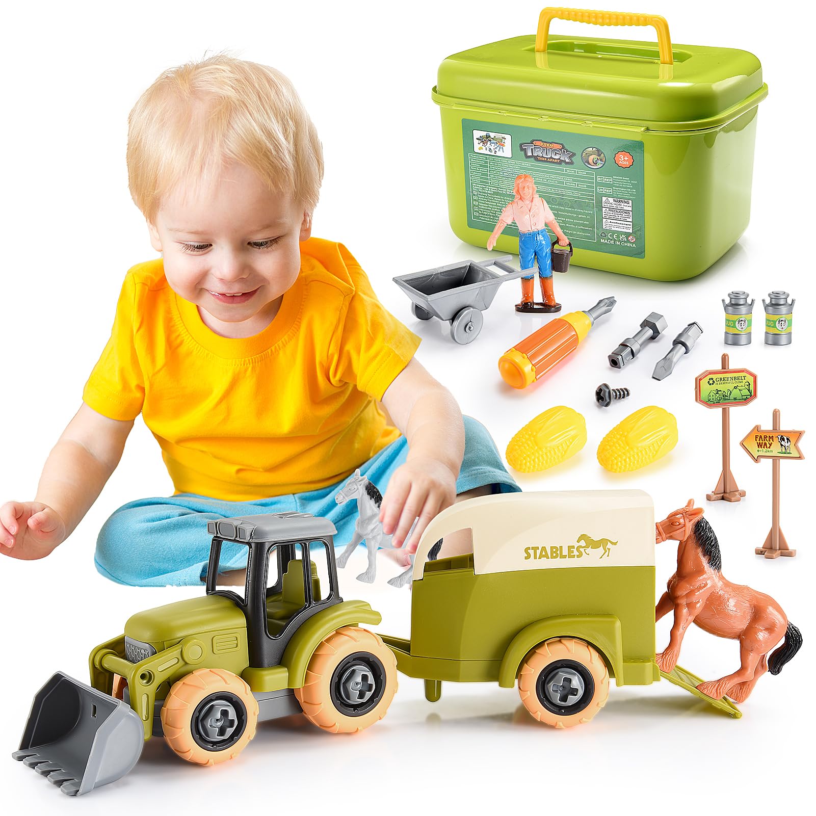 HappyKidsClub 16 Piece Building Farm Toys Car with Storage Box, Toys for 3-6 Year Old Boy Girl, Tractor Toy with Detachable Tools, 3 4 5 6 Year Old Boy Girls Gifts, Birthday, Kids Presents