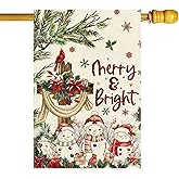 ZAEW Merry & Bright Christmas Cross Poinsettias Snowmans Cardinals Winter House Flag large 28X40 Inch Big Vertical Double Sided Yard Outdoor Outside Holiday Decoration