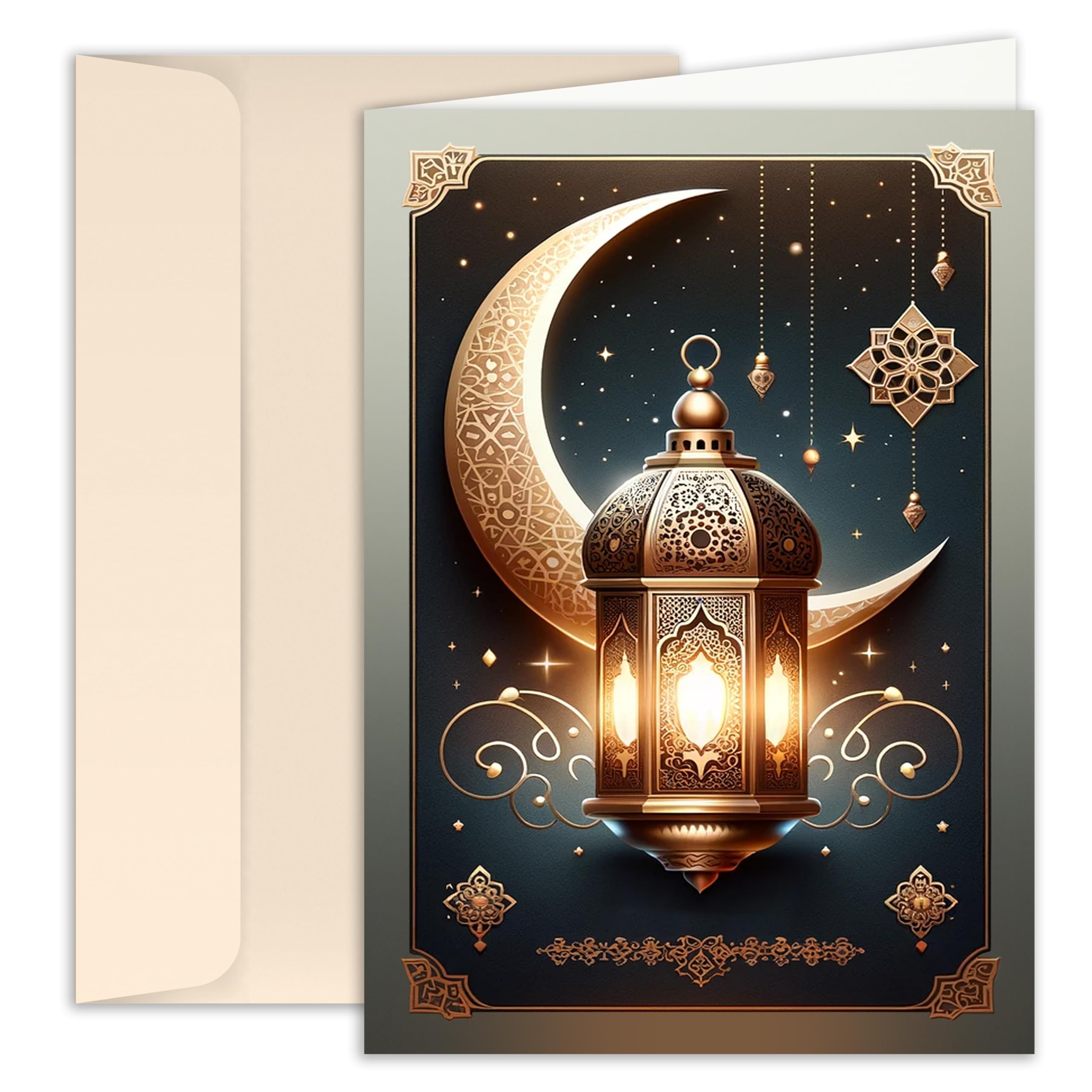 Ramadan Kareem Folding Cards with Envelope Light at Night Greeting Cards Eid Mubarak Thank You Cards Sugar Festival Celebration Moon Lantern Grey Black Gold Pack of 10