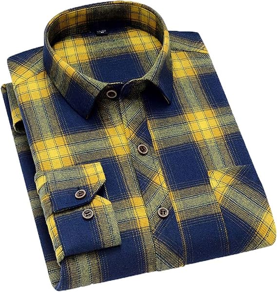 Men Yellow Black Plaid Brushed Long Sleeve Shirt Pocket Spring Casual