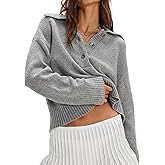 Women Cropped Polo Sweater Long Sleeve Oversized Collared Pullover Casual Lapel V Neck Knitted Jumper Tops
