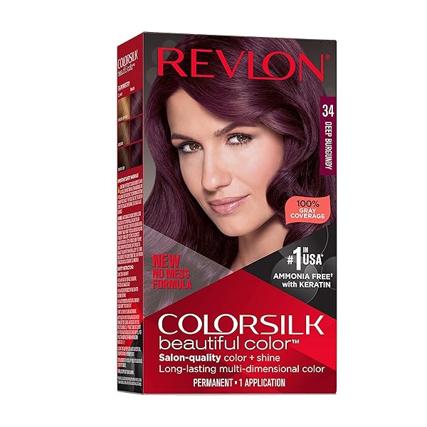 REVLON COLORSILK BEAUTIFUL COLOR PERMANENT HAIR COLOR, LONG-LASTING HIGH-DEFINITION COLOR, SHINE & SILKY SOFTNESS WITH 100% GRAY COVERAGE, AMMONIA FREE, 034 DEEP BURGUNDY, 1 PACK