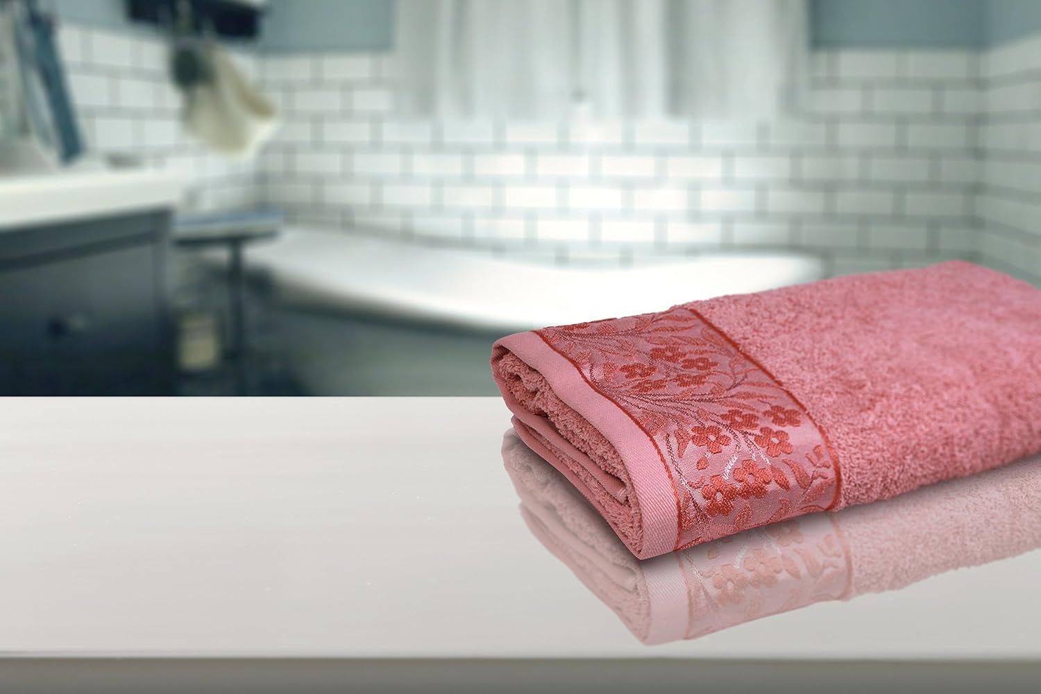[4-Pack] HYGGE Large Luxury Turkish Cotton Towel Set Soft Plush Kitchen Bathroom Hotel & Spa Decor Hand Towels with Decorative Floral Pattern 19" x 32" (Flamingo Pink): Kitchen & Dining
