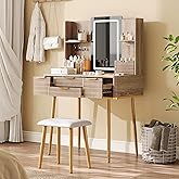 4-Drawer Vanity Desk with LED Mirror, Fluted Makeup Table with Jewelry Storage, PU Stool, Metal Legs, Carved Dressing Table f