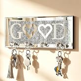 SHYFOY Crystal Clear Hooks Sparkly Mirrored Key Holder, Good Letter | Key Hanger, Good Letters Plaque Sign, Silver Mirror Decoration Wall Art, For Entryway Hallway Living Room