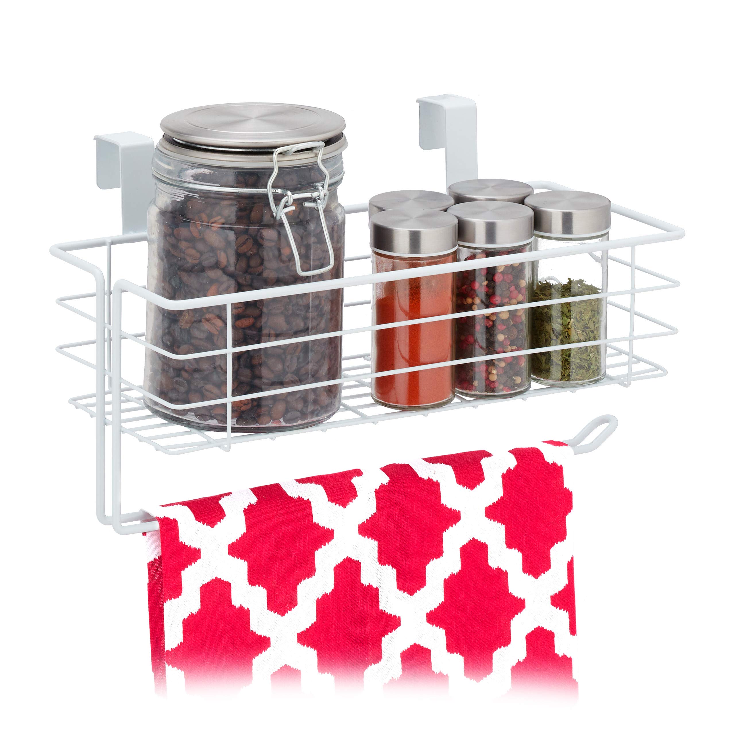 Relaxdays Hanging Basket, Lattice Storage with Roll Holder or Towel, Kitchen & Bathroom, Metal, HWD: 18x31x17 cm, White