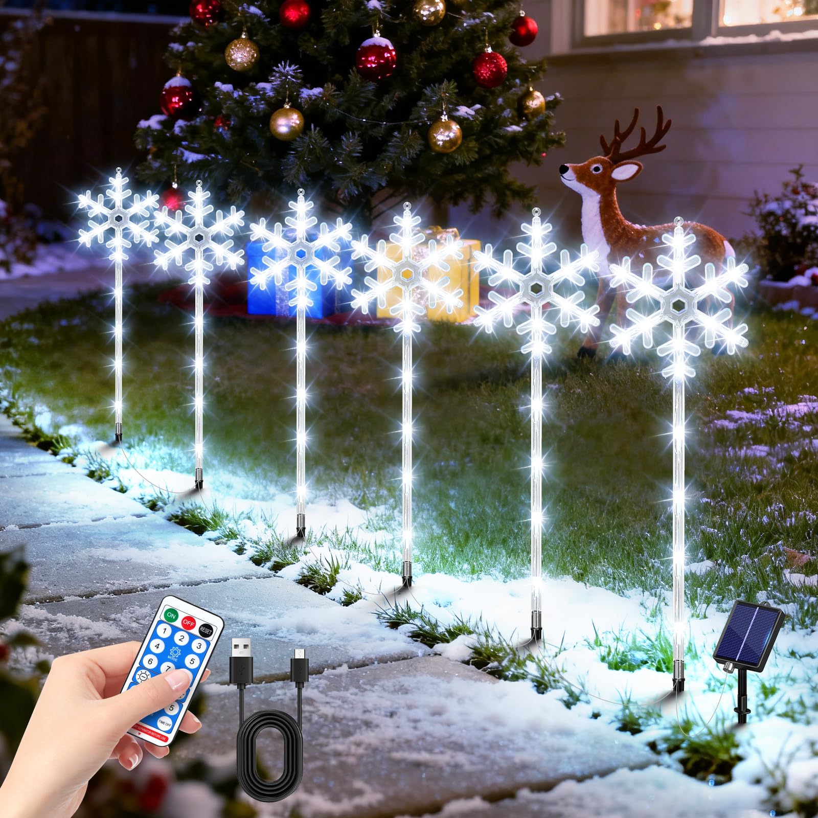 AOUNQ Solar Lights Outdoor Christmas Decorations 6 Pack - 96 LEDs Solar Christmas Snowflake Pathway Lights Outdoor with Remote & 8 Lighting Modes, Waterproof Xmas Lights for Garden Yard, Cool White