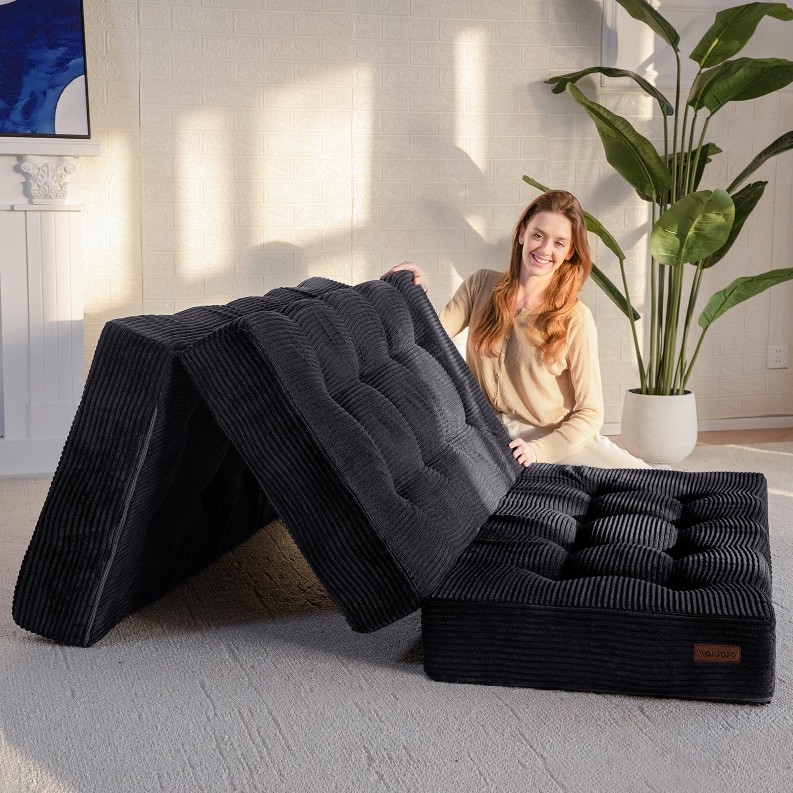 Photo 1 of MAXYOYO Tri-Fold Mattress, 6 Inch Tufted Folding Futon Foam Bed, Foldable Floor Mattress Guest Bed Futon Topper Portable Camping Sleeping with Corded Fabric, Black, 59"x79"