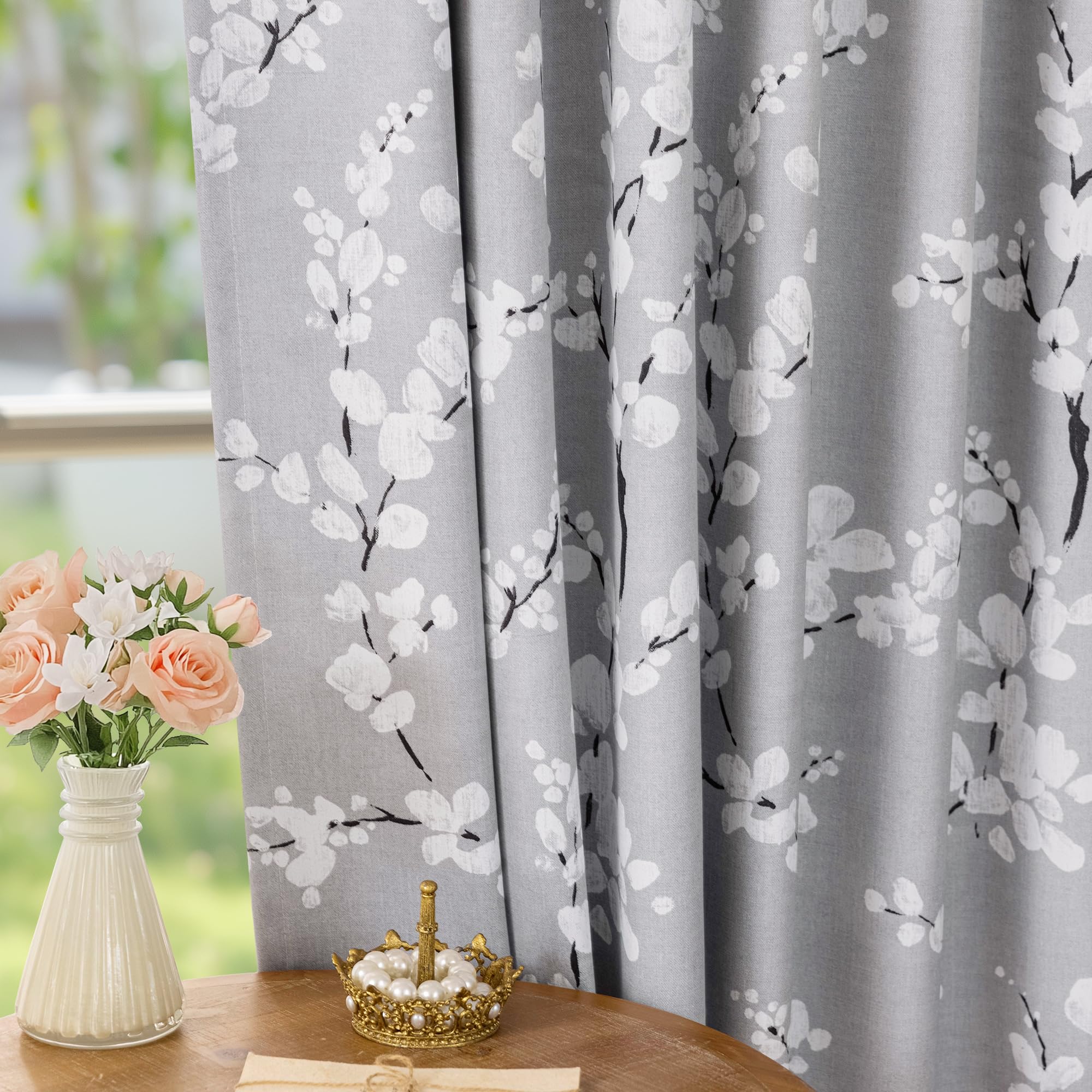 Fmfunctex Grey Floral Blackout Curtains for Bedroom 90 inch Drop Eyelet Curtains for Living Room Nursary Blossom Thermal Insulated Window Curtain Panels 2 Panels White on Grey