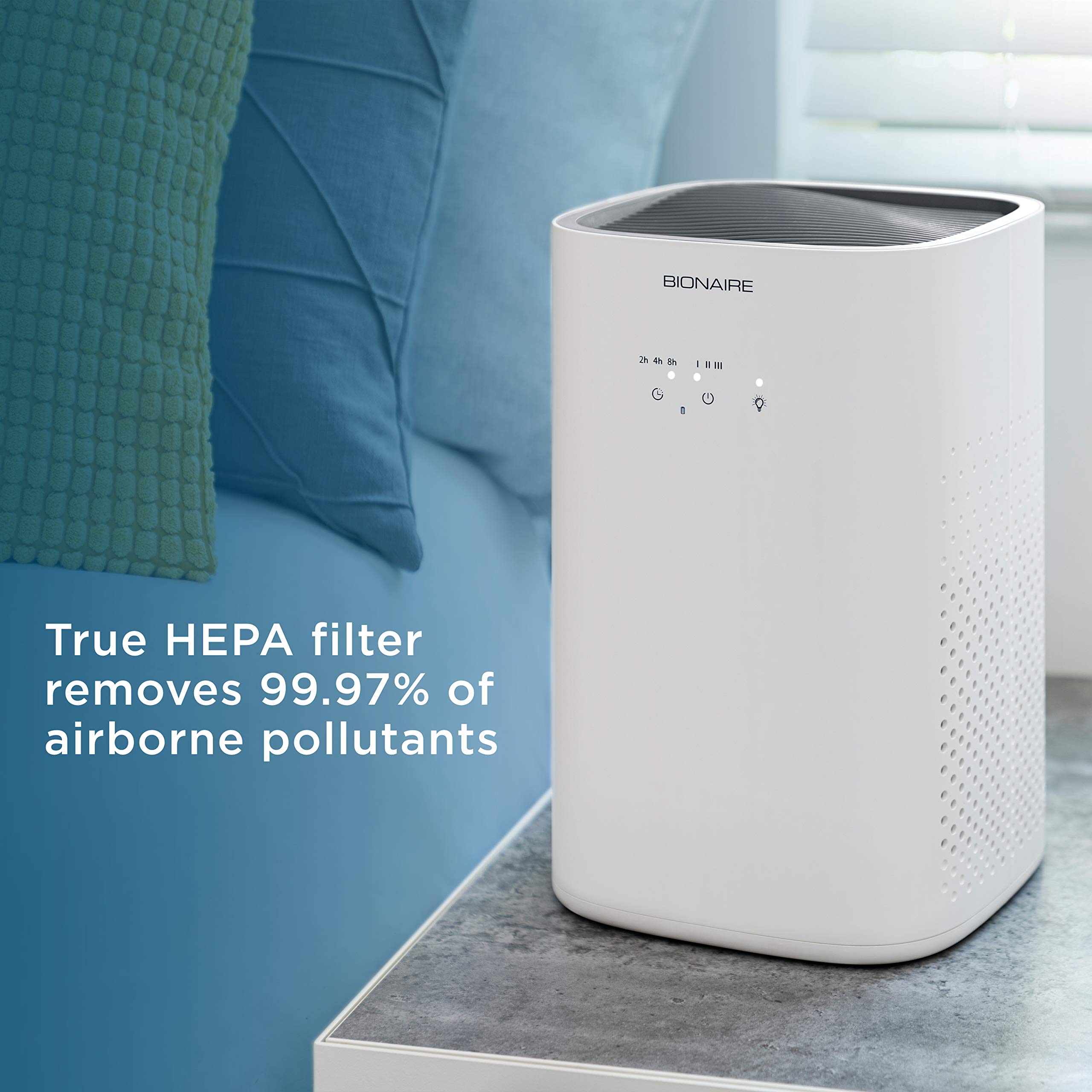 Bionaire True HEPA 360° Air Purifier for Medium Rooms, Air Filter for Allergens, Pets, and Dust with Quiet Setting and Night Light, 3 Speeds, White