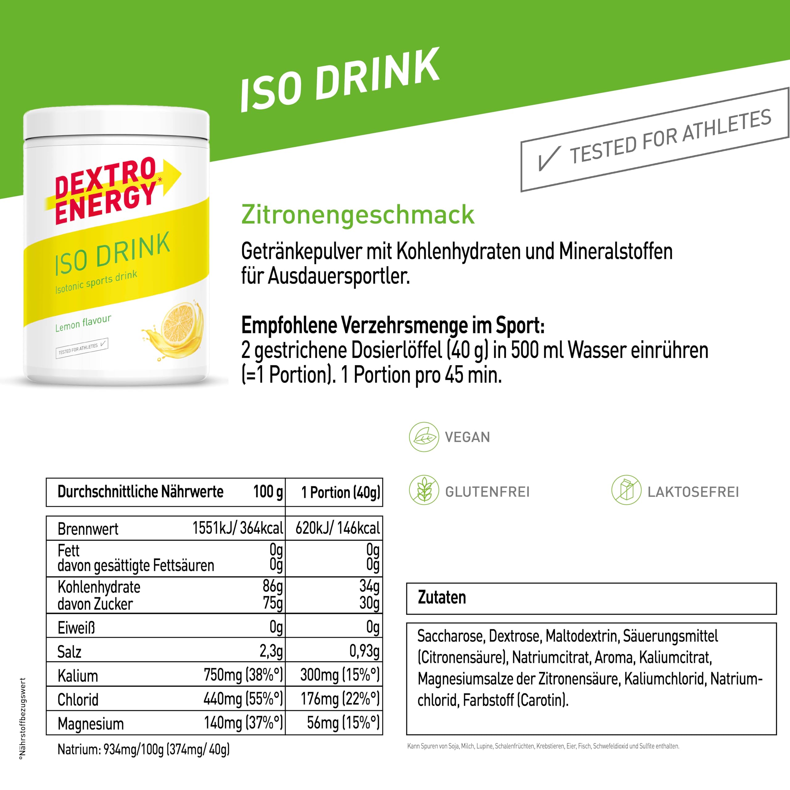 Dextro Energy Iso Drink Elektrolyte Sport Getränkepulver, Lemon, Mit Natrium, Magnesium, Kalium, Chlorid, für schnelle Energieversorgung, 440g, 11 Portionen 6