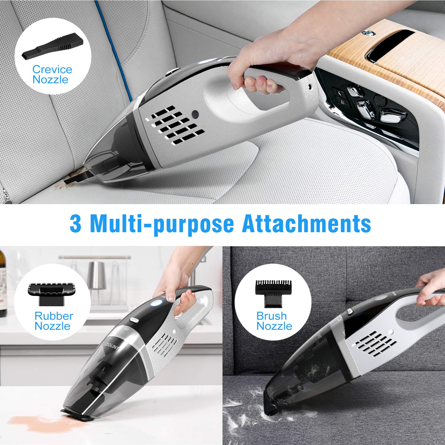 ZIGLINT Cordless Handheld Vacuum, 9 KPa Powerful Suction Portable Vacuum Cleaner Rechargeable Car Vacuum Built-in 2200mAh Lithium-ion Battery for Home and Car