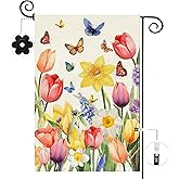 Baccessor Spring Easter Tulip Garden Flag Double Sided 12.5 x 18 Inch Burlap with Clip and Stopper,Daffodil Floral Butterflies Flag Seasonal Farmhouse Front Yard Lawn Outside Outdoor Decoration