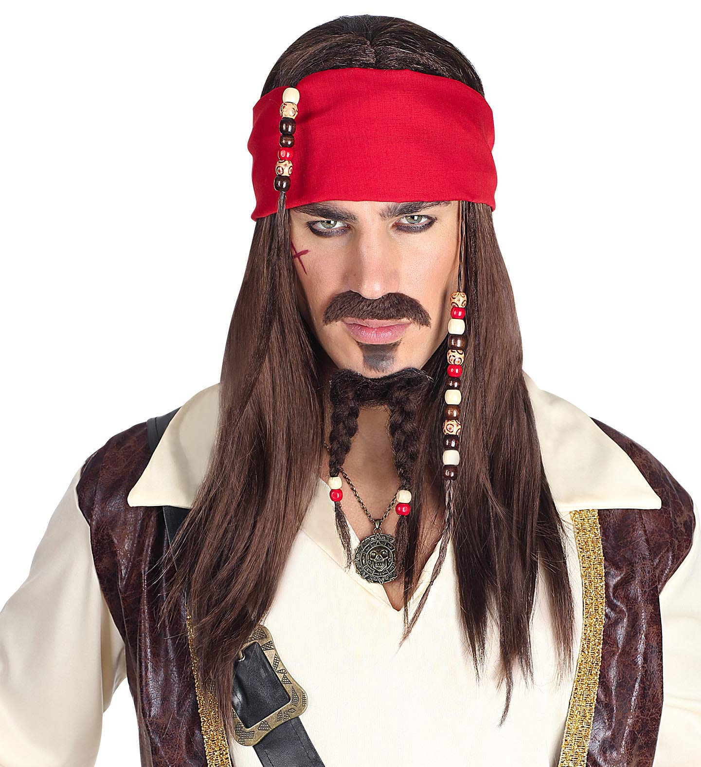 Widmann Srl-WDM06393 VD-Pirate Wig with Bandana Moustache Lace Beads for Adult Men, Black, WDM06393