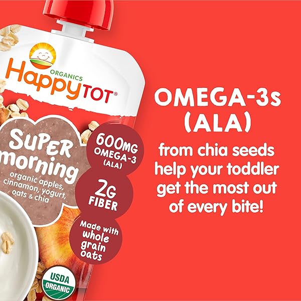 HAPPYTOT ORGANICS STAGE 4 BABY FOOD POUCHES, GLUTEN FREE, SUPER MORNING FRUIT & OAT BLEND, APPLE, CINNAMON, YOGURT, OATS & CHIA, 4 OZ (PACK OF 8)