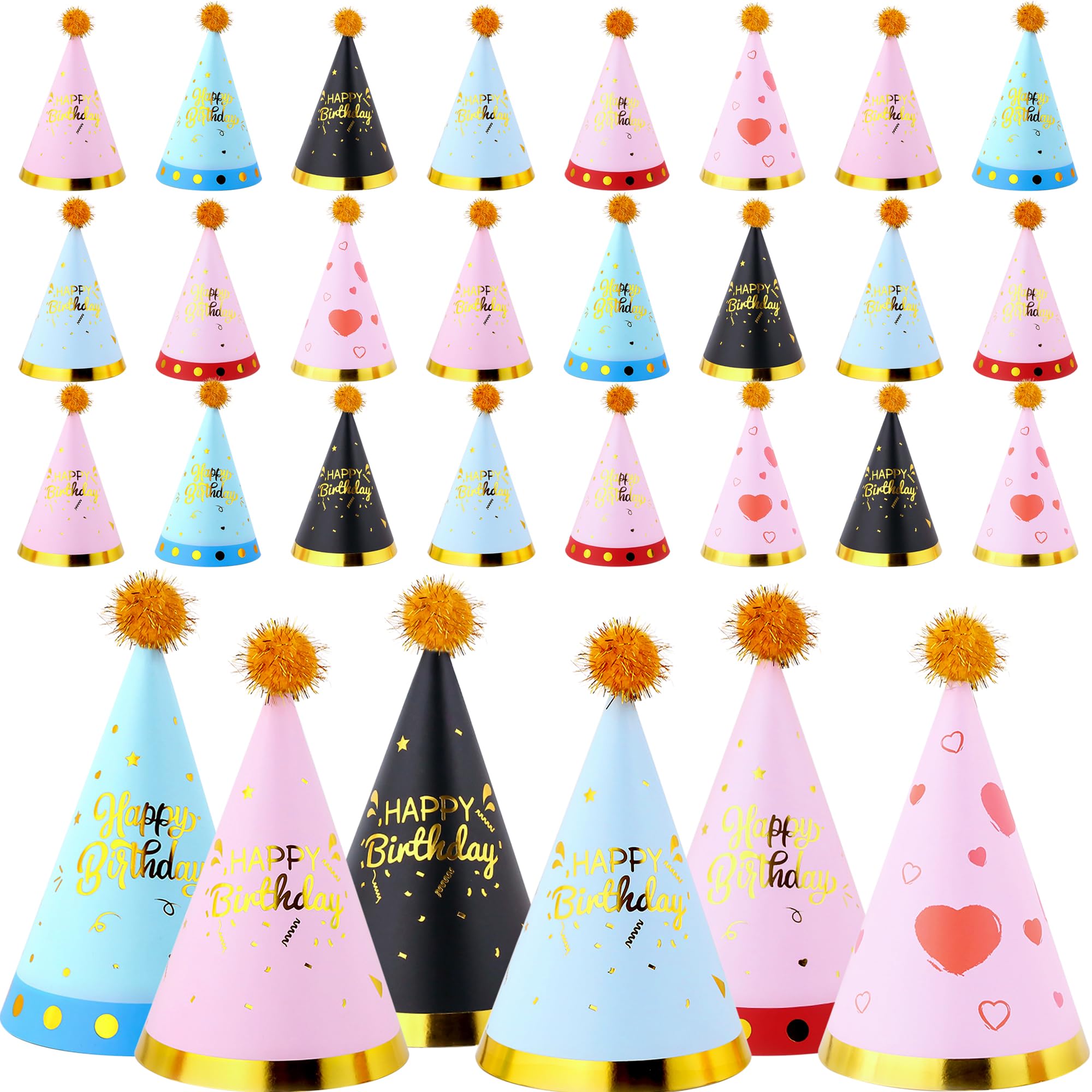 Rcanedny 30 Pcs Colorful Paper Cone Hats with Pom Poms Birthday Cone Party Hats for Kids Adult Birthday Party Celebration Decorations Supplies