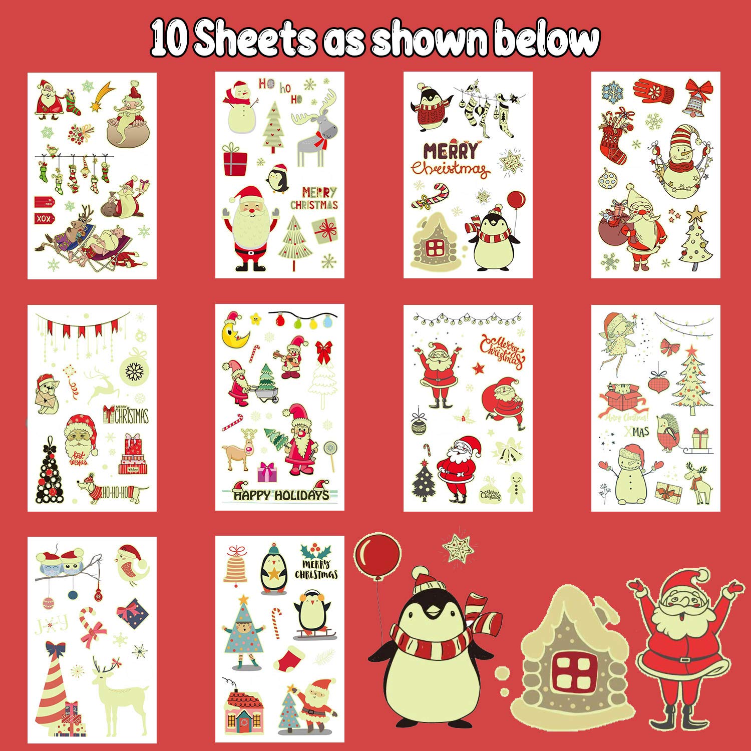 Partywind 10 Sheets Luminous Christmas Temporary Tattoos for Kids Stocking Stuffers, Christmas Party Decorations Supplies Favors for Birthday, Xmas Holiday Stickers Games Toys for Boys Girls