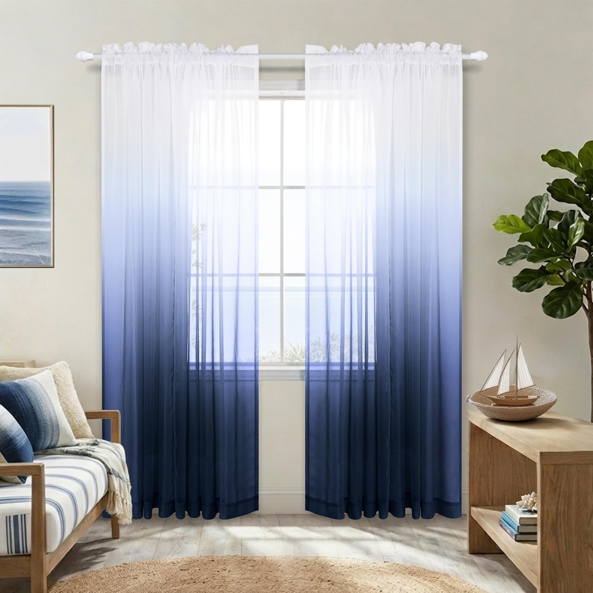 Navy and White Curtains for Living Room Set 2 Panels Rod Pocket Window Ombre Coastal Sheer Curtains for Bedroom Masculine Man's Cave Teen Boys Room Decor Man Christmas 52 x 84 Inches Long Dark Blue