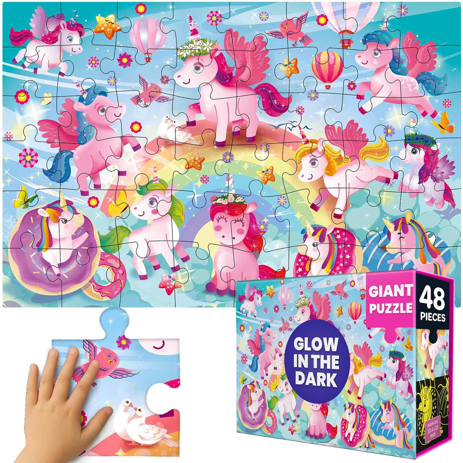 QUOKKA Floor Puzzles For 3 4 Year Olds - 48 Large Pieces Jigsaw Puzzles For Kids - Glow in The Dark Jigsaws For Children Age 4 5 - Magical Fantasy Unicorn Scene - Fun Learning Game Toy with Gift Box