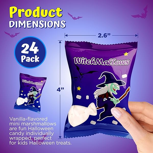 4E’S NOVELTY 24 PACK HALLOWEEN MINI MARSHMALLOWS INDVIDUALLY WRAPPED VANILLA FLAVOR – HALLOWEENS CANDY FOR KIDS IN BULK, SNACKS FOR TRICK OR TREAT, 17 MARSHMALLOWS IN EACH BAG (WITCHMALLOWS)