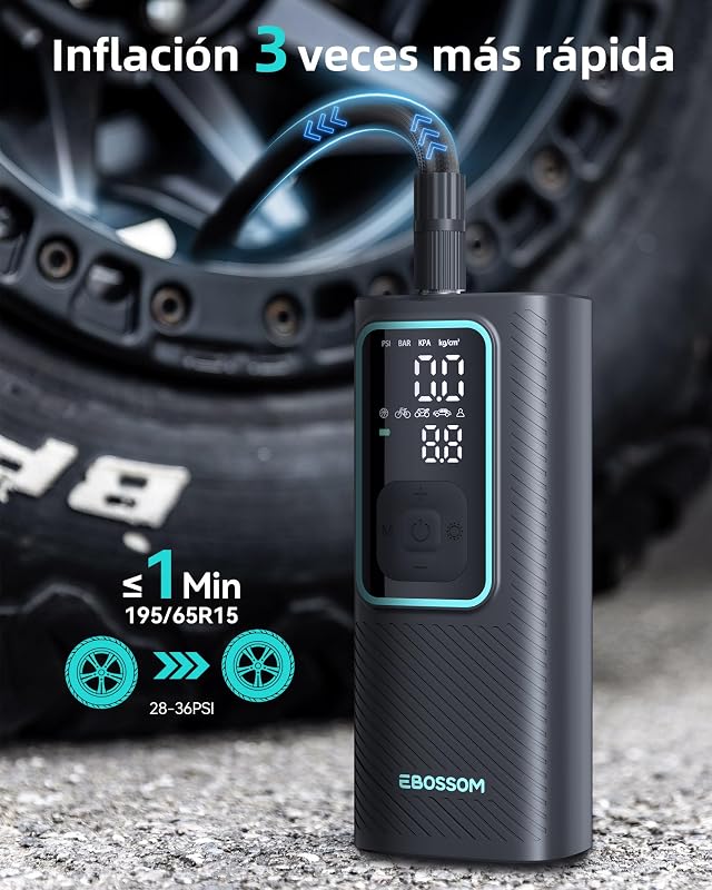 Compresor Aire Portátil de 10,3Bar, Inflador Ruedas Coche a Batería 6000 mAh y 12V DC, Mini Inflador Electrico para Auto, Moto, Bicicleta y Pelota, Bomba de Aire con Función de Luz LED, Carga USB-C