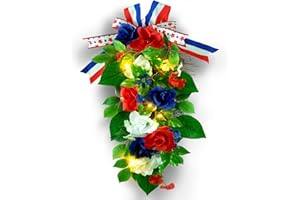 YULETIME 24" Pre-lit Decorative Teardrop Swag, Battery Operated Patriotic Theme Swag with Fairy Lights, Red, White & Blue Roses, Lilac Flowers, Green Leaves (Red White & Blue)