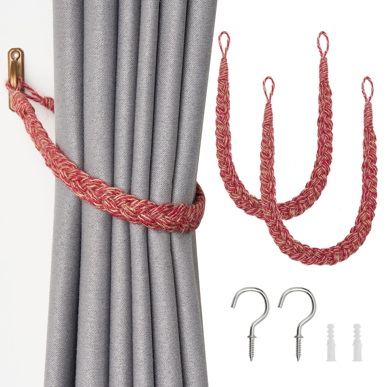 Pretty Jolly 2 Pack Natural Jute Rope Curtain Tiebacks Boho Rustic Style Decorative Drape Tie Backs Elegant Hand-Woven Rope Curtain Holdbacks with Metal Hook for Home & Office Drapery (Jute-Red)