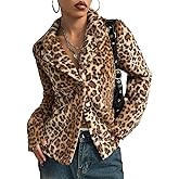 Sexyshine Women's Faux Fur Leopard Coat Winter Fall Lapel Collar Fuzzy Furry Button Down Fleece Fur Short Blazer Jackets
