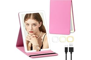 Jadazror Travel Mirror with LED Lights - 8x5.5inch Lighted Makeup Mirror 3 Color Modes, Portable Vanity Mirror with Light of PU Leather, Desktop Cosmetic Light Up Mirror, Travel Accessories for Women