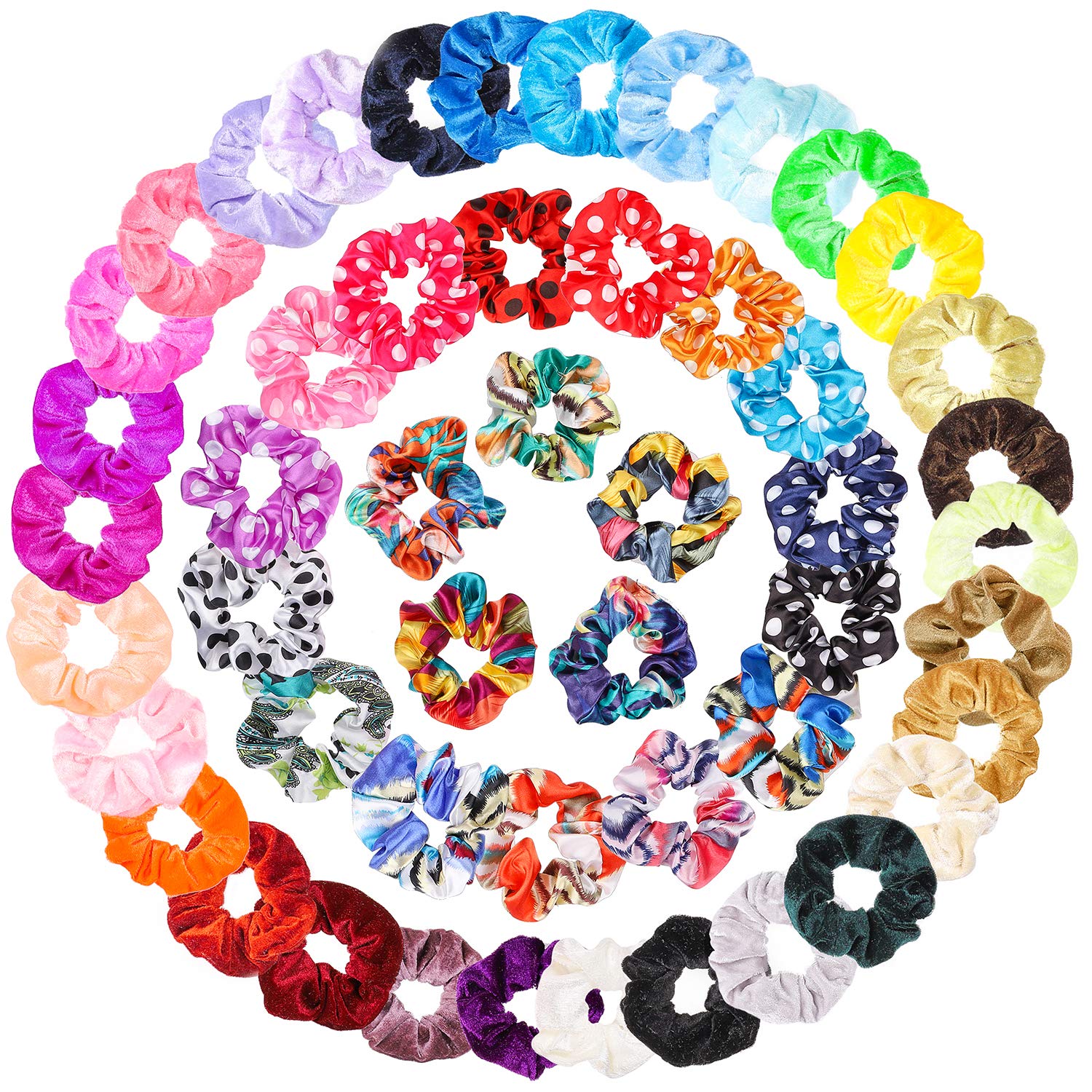 WATINC 50Pcs Silk Satin Velvet Hair Scrunchies Floral Polka Dot Strong Elastic Hair Bobbles for Ponytail Holder Colorful Solid Color Hair Accessories Ropes Scrunchy Traceless Hair Ties for Women