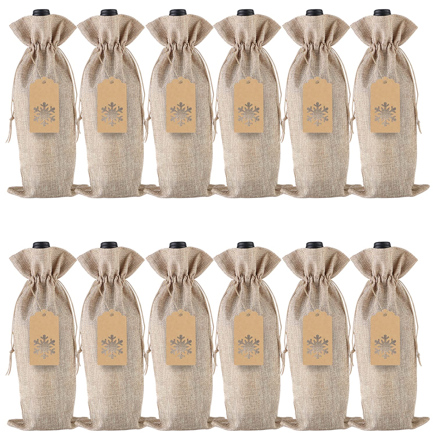 Burlap Wine Gift Bags, 12 Pcs Jute Drawstring Wine Bottle Covers with Tags and Ropes for Christmas, Wedding, Travel, Birthday, Holiday Party