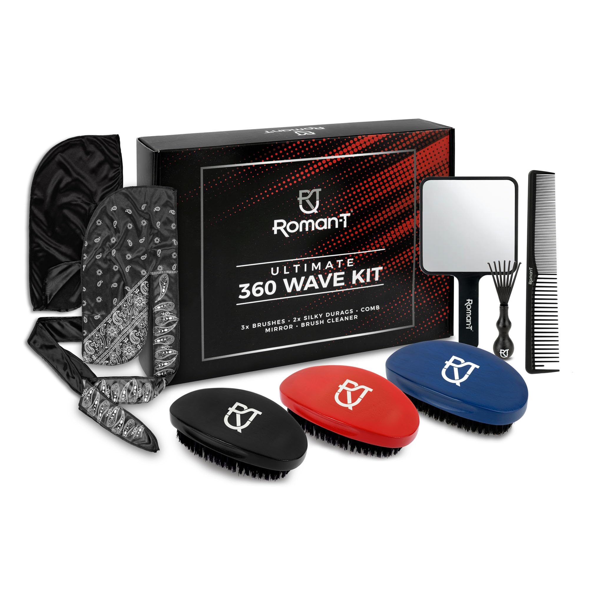 Roman-T 8-in-1 360 Wave Brush Kit - Grooming Kit for 360 Waves - 3 Wave Brushes, Soft, Medium & Hard - 2 Silky Satin Durag - Black & Black Paisley, Hand Mirror, Comb, Hair Brush Cleaner - Gift Set