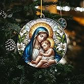 Catholic Christmas Ornament – Virgin Mary and Baby Jesus Acrylic Hanging Decoration – Style Nativity Ornament – Religious Gift for Christian Families, Tree Décor (Sun-38)
