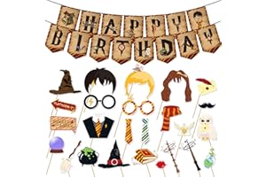 Photo Booth Props Set – 26 Wizard-Inspired Cutouts + 15 Flag Banner Cards with Bamboo Sticks & Adhesive Tabs, Durable Cardboa