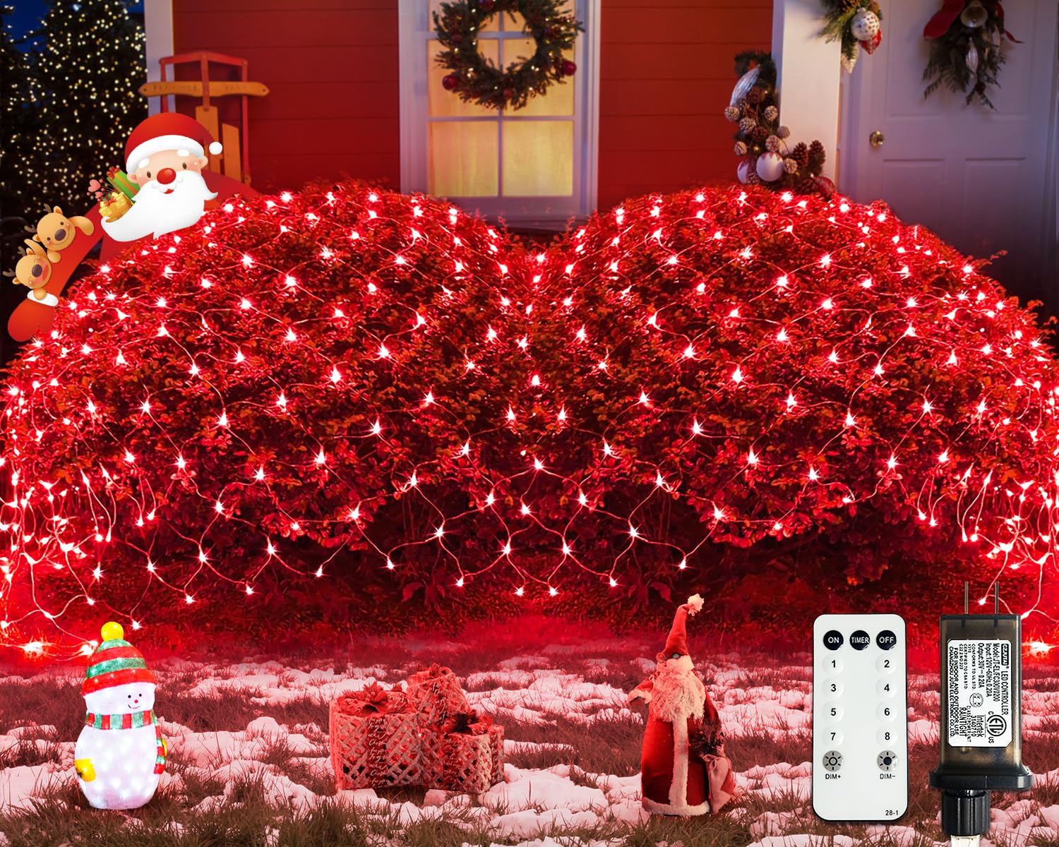 Photo 1 of JMEXSUSS Red Christmas Net Lights 360 LED 12ft x 5ft Bush Lights Outdoor Plug in 8 Modes with Remote for Christmas Decorations