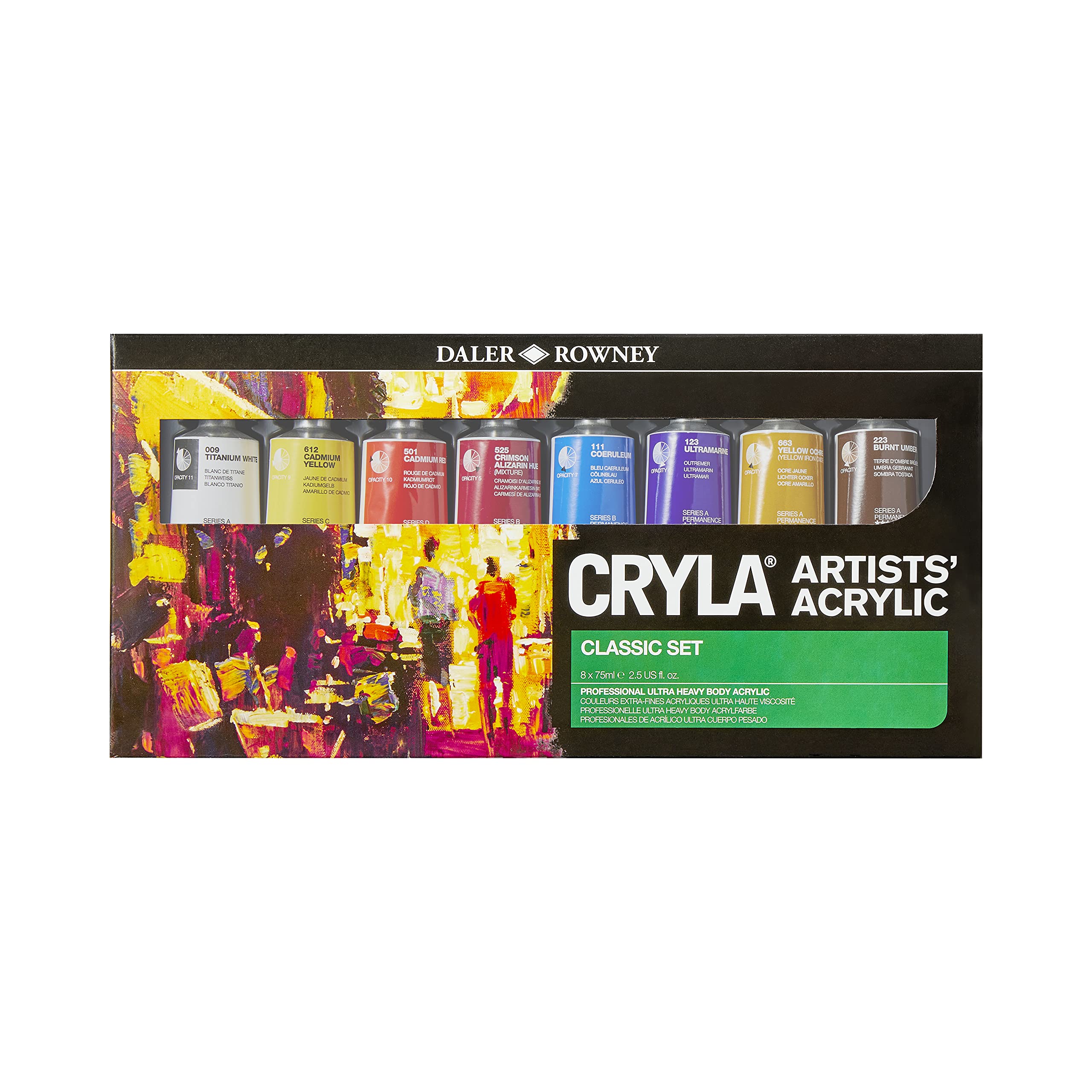 Daler Rowney Cryla Classic Acrylic Set, 8 Assorted Colours x 75 ml Tubes Assorted Colours, For Professional Acrylic Artists