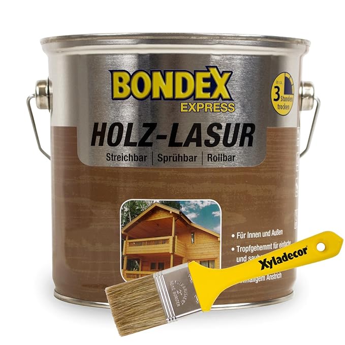 Bondex 2,5 Liter Express Garten Holz Lasur Nussbaum + Xyladecor Pinsel weitere Farbtöne zur Auswahl