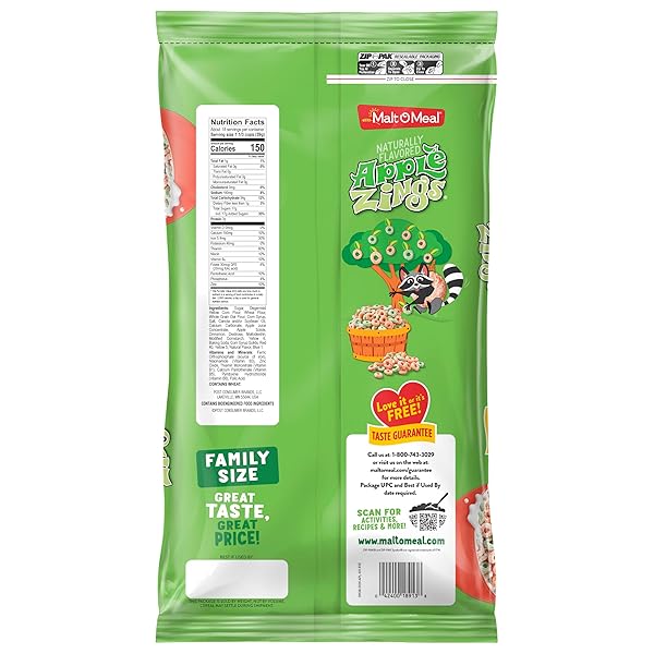 MALT-O-MEAL APPLE ZINGS BREAKFAST CEREAL, CINNAMON APPLE-FLAVORED RINGS, LARGE FAMILY SIZE, 24.4 OZ RESEALABLE BAG