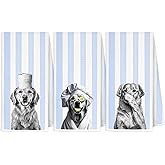 MKIJUHB Funny Golden Retriever Hand Towels for Bathroom, Golden Retriever Lover Gifts, Blue Striped Dog Lovers Gifts Decorative Hand Towels for Bathroom Washroom Half Bath, 16x24 Inch Set of 3