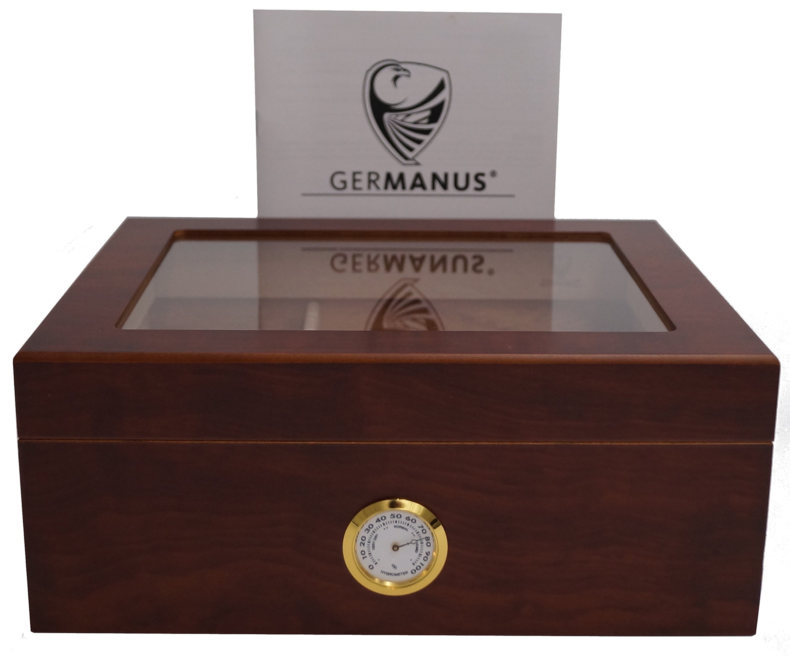 GERMANUS Cigar Humidor Classic Desk for Approx. 50 Cigars, Brown, with Hygrometer and Humidifier and GERMANUS Manual